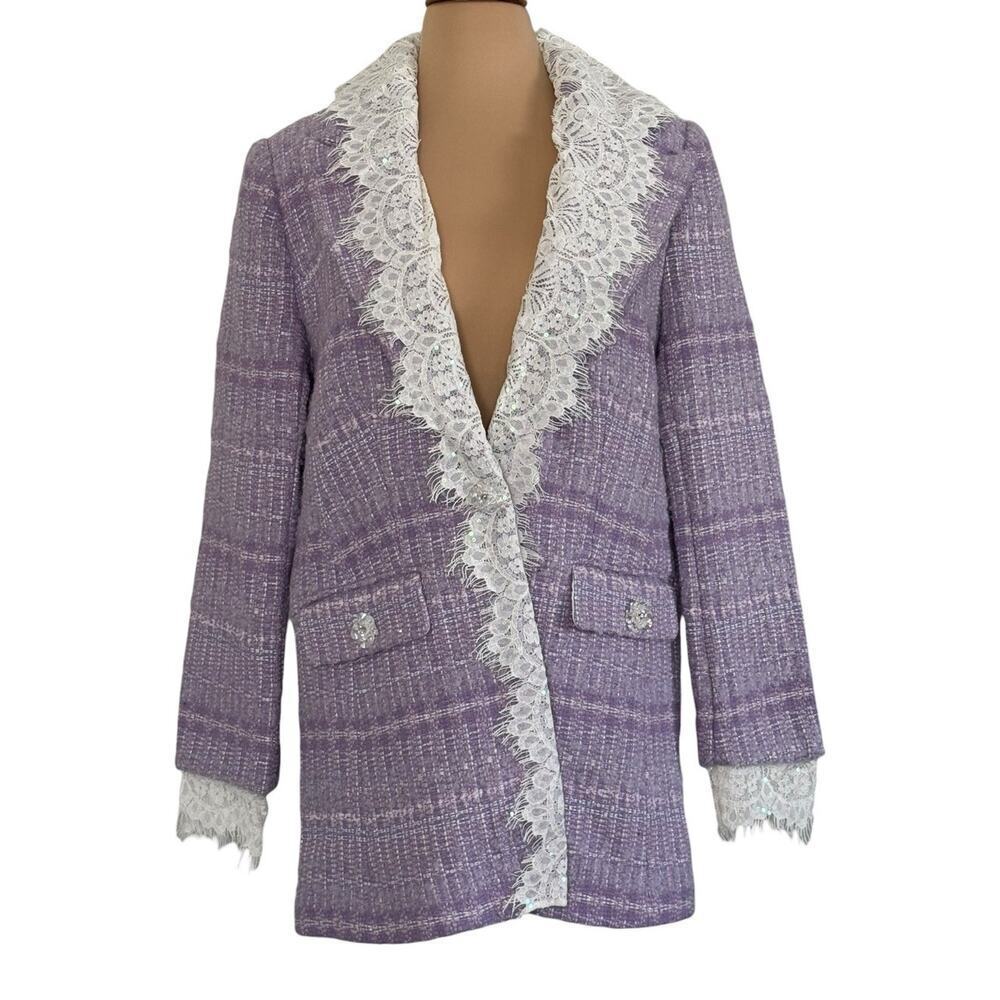 MARIE ELIE Lavender Tweed Wool Lace Trim Designer Blazer Metallic Jacket Sz L - Picture 3 of 12